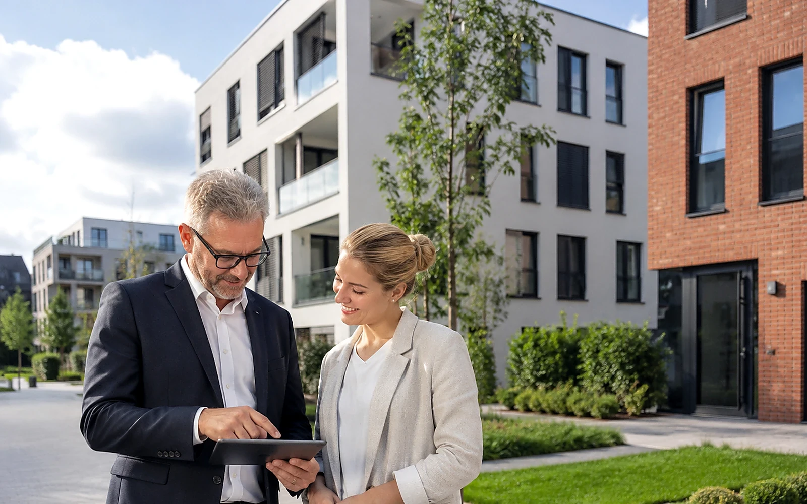 Berater im Gespräch mit Eigentümern vor einer modernen Wohnimmobilie