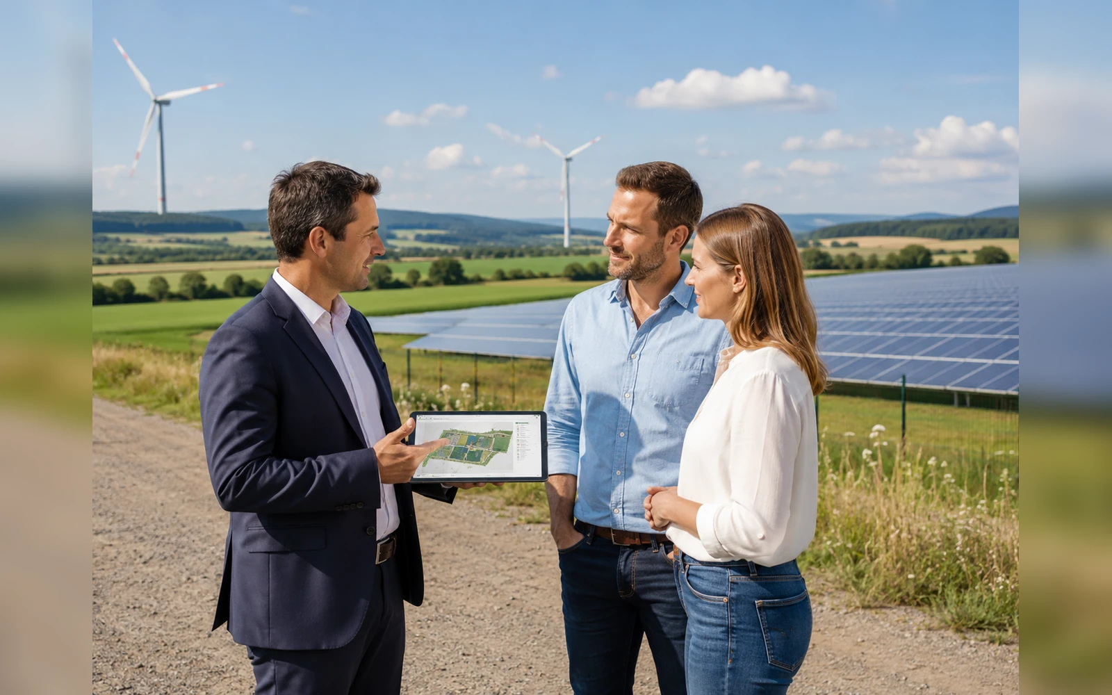 Fachleute bei einem Solar- und Windenergieprojekt im ländlichen Raum
