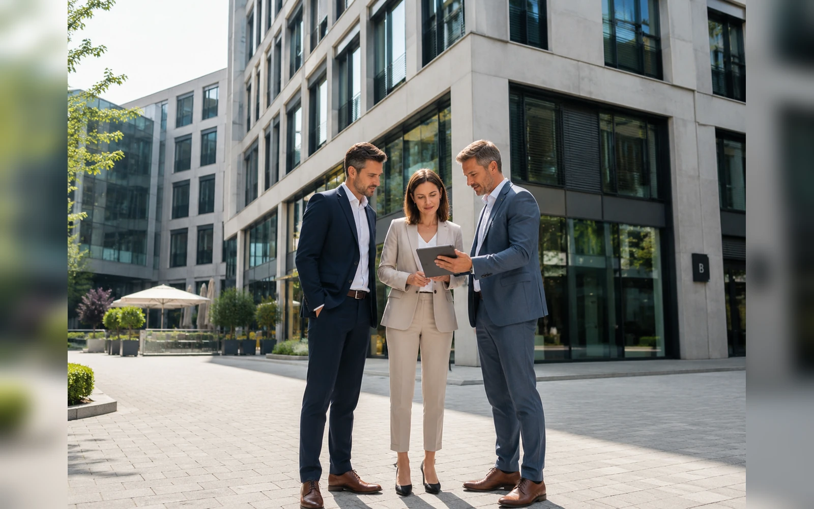 Fachgespräch vor einem modernen Büro- und Gewerbegebäude
